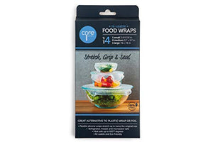 Core Home 4-pc. Reusable Silicone Stretch, Grip, and Seal Clear Food Wraps, Great Alternative to Plastic Wrap or Foil 3 sz. Small, Medium, Large