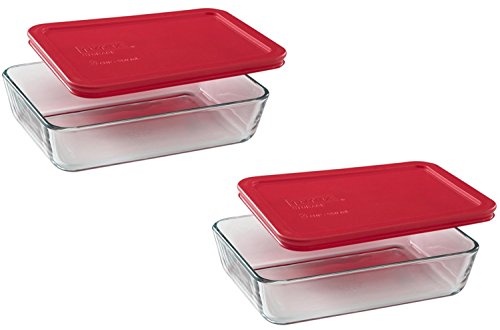 Pyrex COMINHKR082745 3-Cup Rectangle Food Storage, Pack of 2 Containers, Box of 2, Clear, Red Cover
