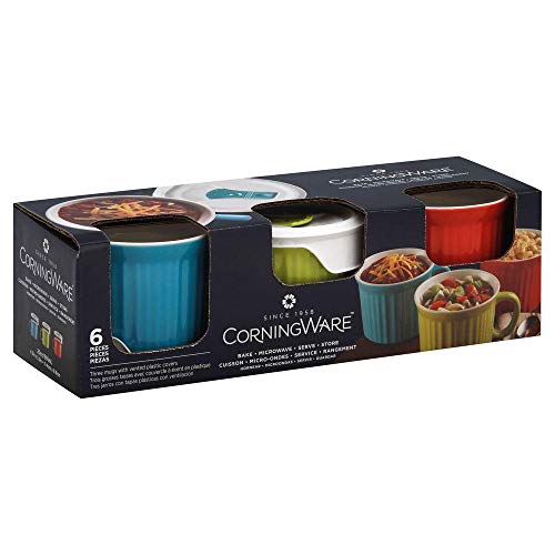 Corningware French White 6 piece Pop-In Mug Multi Color: Includes (1) fluted Sprout mug with lid, (1) fluted Pool mug with lid, (1) fluted Vermilion mug with lid