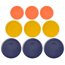 Load image into Gallery viewer, Pyrex (3) 7402-PC 6/7 Cup Blue (3) 7201-PC 4 Cup Butter Yellow (3) 7200-PC 2 Cup Orange Replacement Food Storage Lids