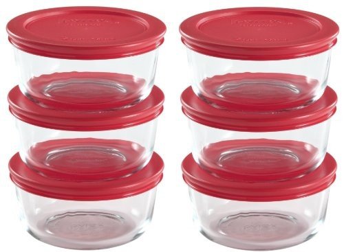 World Kitchen 1085657 711717427614 Pyrex 2 Cup Food Plus Storage Set, 12 Pieces, Clear with Red Lid