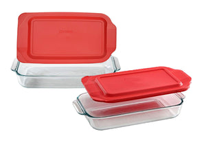 Pyrex Basics Clear Glass Baking Dishes, 1 (3 Quart) Oblong Dish and 1 (2 Quart) Oblong Dish with Red Plastic Lids