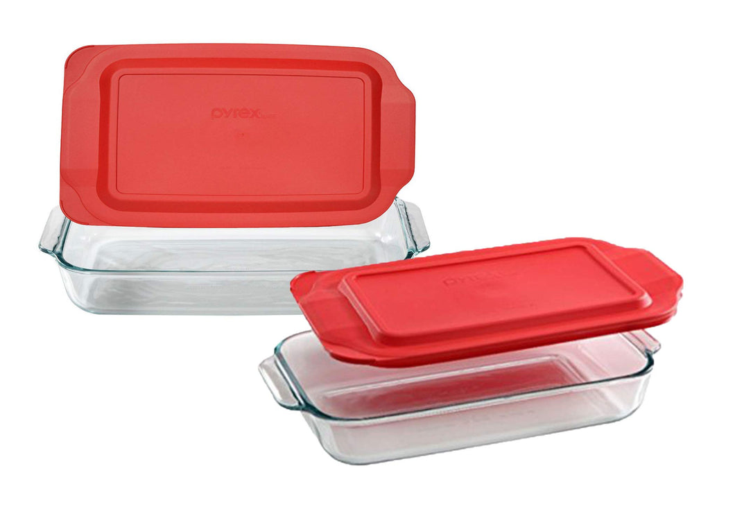 Pyrex Basics Clear Glass Baking Dishes, 1 (3 Quart) Oblong Dish and 1 (2 Quart) Oblong Dish with Red Plastic Lids
