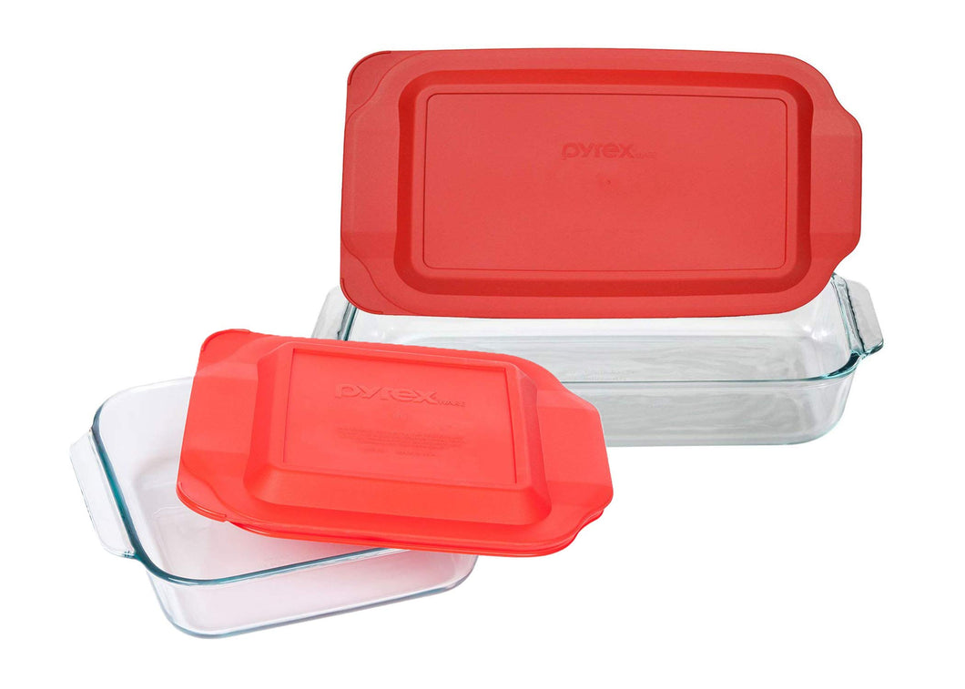 Pyrex Basics Clear Glass Baking Dishes, 1 (3 Quart) Oblong Dish and 1 (2 Quart) Square Dish with Red Plastic Lids