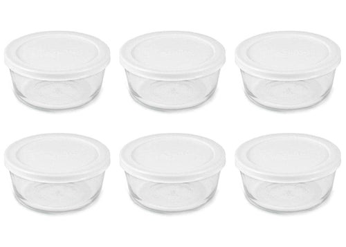 Pyrex Basics Clear Glass Food Storage Dishes, 6 (1-Cup) Round Dishes with White Plastic Lids