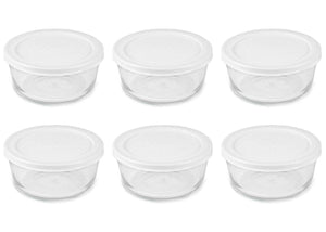 Pyrex Basics Clear Glass Food Storage Dishes, 6 (1-Cup) Round Dishes with White Plastic Lids